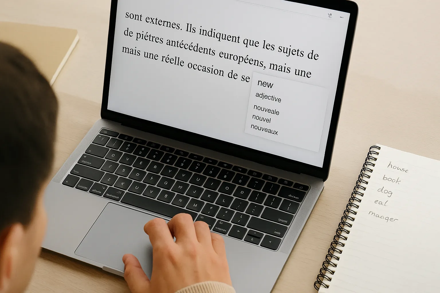 Человек читает текст на иностранном языке на ноутбуке, рядом отображается перевод слова — концепция изучения новой лексики онлайн.