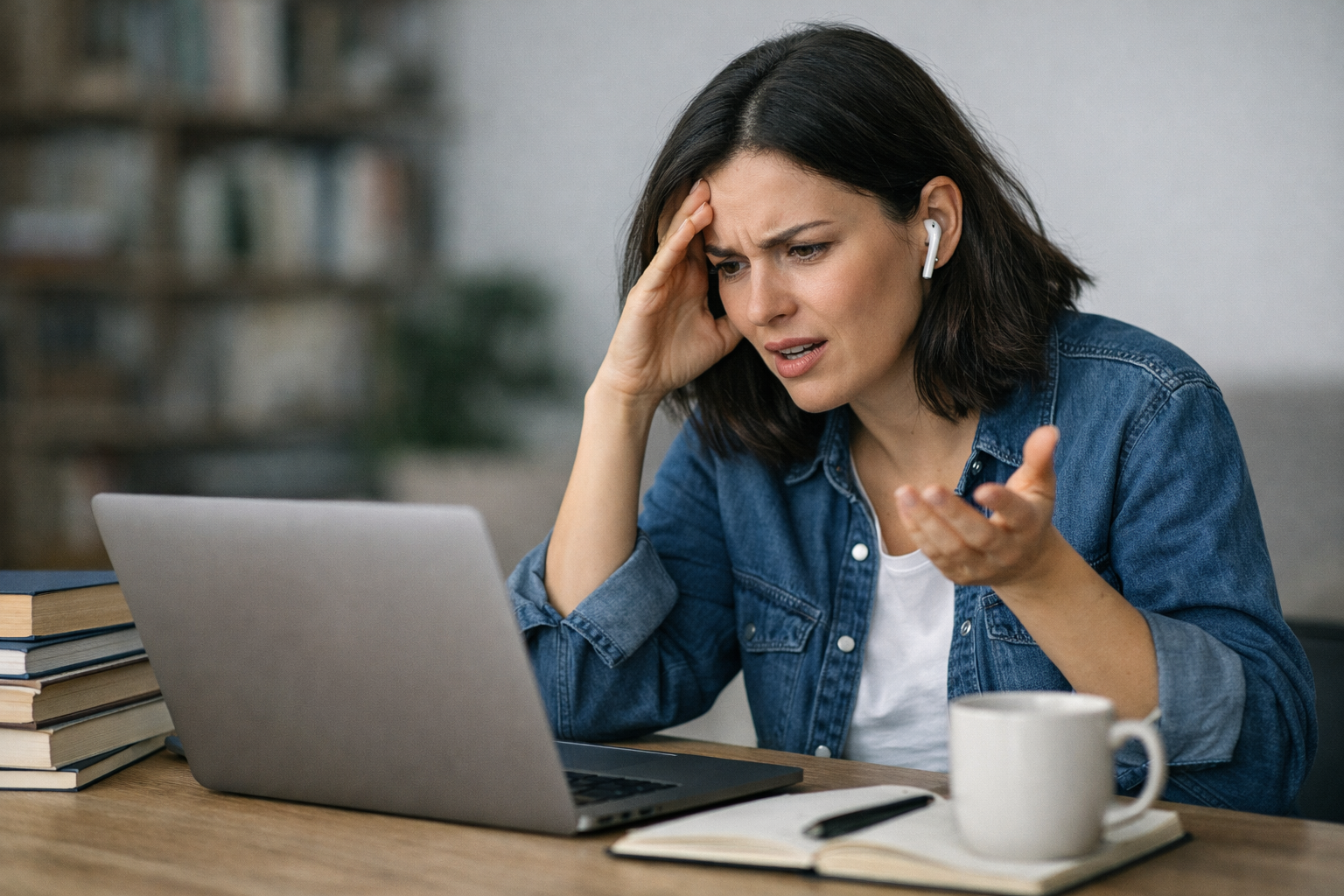 Женщина на видеосовещании испытывает языковой ступор при говорении на иностранном языке